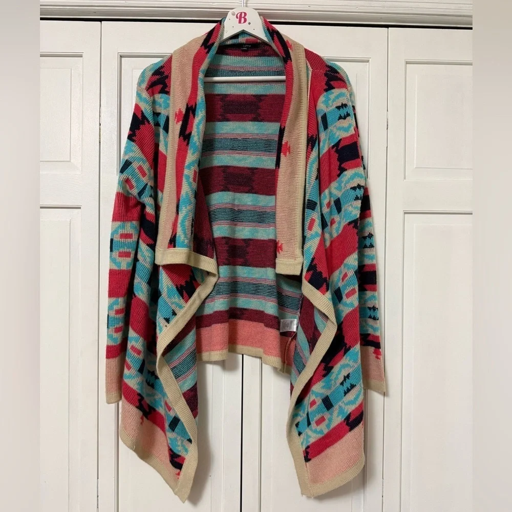 B Sharp Aztec Asymmetrical Hem Open Front Cardigan Mohair Blend Western Country
